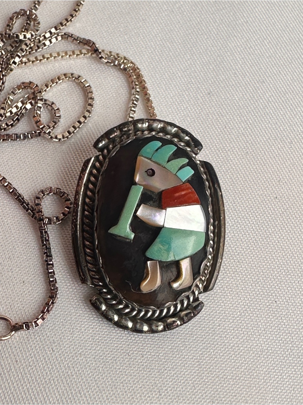 Ben Esau Zuni Kokopelli Sterling Silver 925 Stone Inlay Pendant Necklace Signed